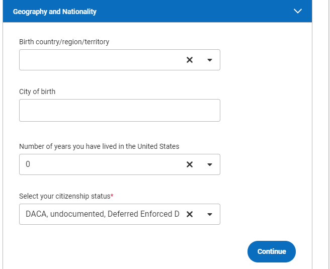 Common App profile Citizenship Status Selection. Select DACA, Undocumented, Deferred Enforced Departure, or Temporary Protected Status